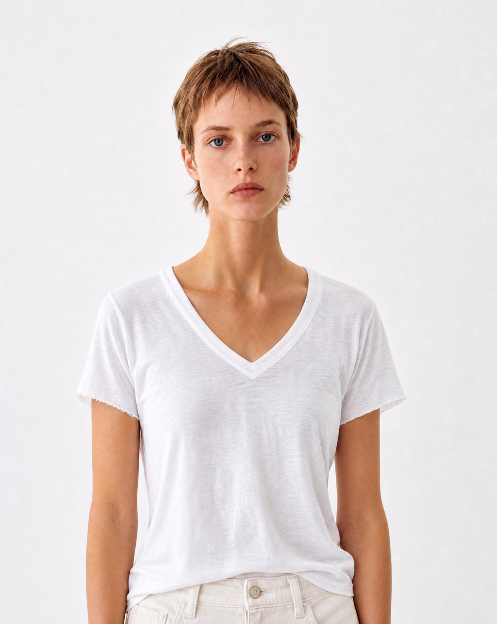 V Neck White Linen Shirt 1307 image 1