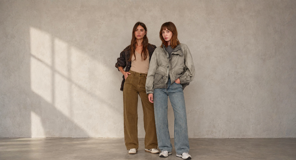 Two women standing in a minimalist studio with a textured gray wall and concrete floor, wearing casual outerwear. The woman on the left wears a dark brown jacket over a beige top and brown wide-leg pants.